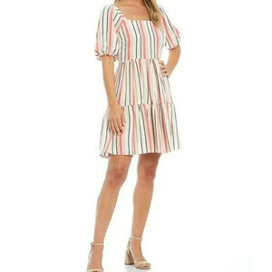 Maison Tara Square Neck steiped dress Puff Sleeve Size 12 women